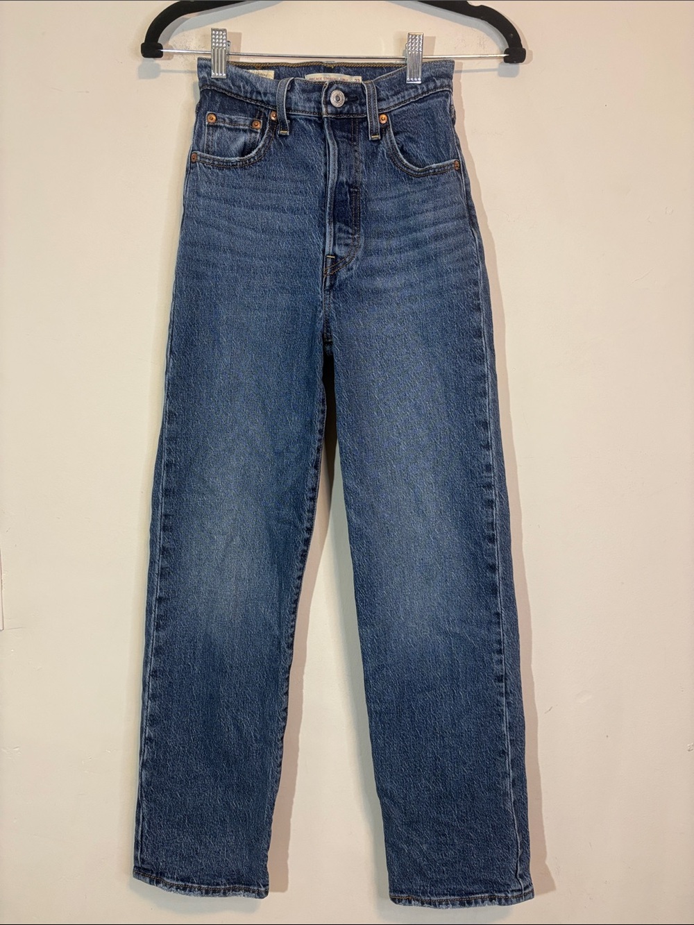 Levi’s High Rise Button Fly Ribcage Straight Ankle Dark Indigo Lived In Faded 23